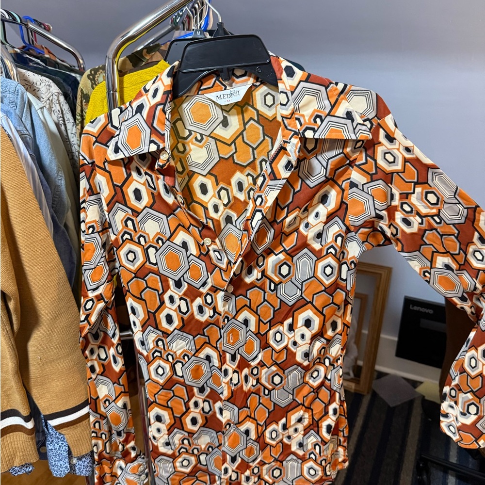 Vintage 70’s Men's Orange Geometric Shirt